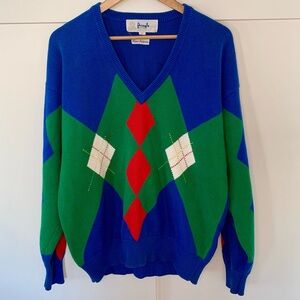 Vintage Pringle of Scotland blue, green argyle v-neck cotton sweater